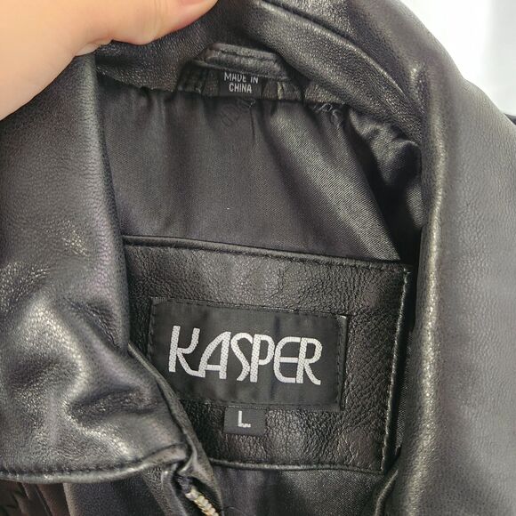 Kasper Vintage Womens Large Black 90s Genuine Leather Jacket Waffle Woven Moto - Picture 10 of 11